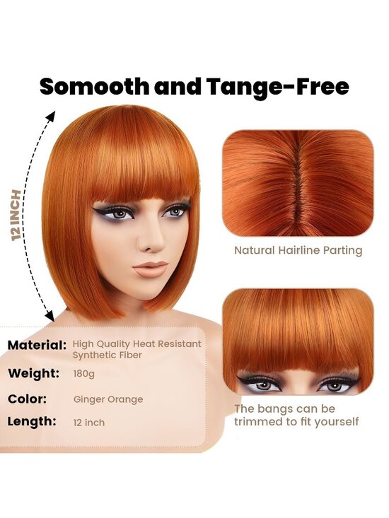 Women Dark Orange Heat Resistant Synthetic Bob Party Neon Wig Bangs 12 Inch main image 2
